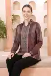Royal Maroon Modal Silk Printed Shirt Style Tunic Top for Women - DM-16