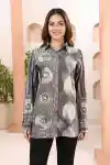 Classic Charcoal Modal Silk Shirt Style Womens Tunic with Abstract Print - DM-18