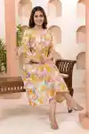 Womens Yellow A Line Kurti with Artistic Print and Side Pocket - LN-129