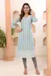 Womens Blue Chikankari Embroidered Straight Kurti with Lining - CK-131-BL