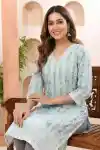Womens Blue Chikankari Embroidered Straight Kurti with Lining - CK-131-BL