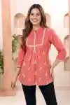 Pure Cotton Coral Embroidered Womens Tunic with Elegant Floral Design - BD-502