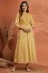 Sunshine Yellow Pure Cotton Jaipuri Print Embroidered Anarkali Kurti - DK-1055