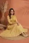 Sunshine Yellow Pure Cotton Jaipuri Print Embroidered Anarkali Kurti - DK-1055