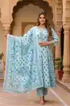 Breezy Easy Sky Blue Pure Cotton Floral Printed Kurti Pant Dupatta Set - DG-1326-BL
