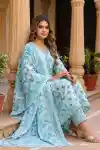 Breezy Easy Sky Blue Pure Cotton Floral Printed Kurti Pant Dupatta Set - DG-1326-BL