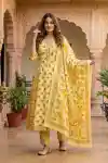 Sunny Funny Yellow Pure Cotton Floral Printed Anarkali Kurti Pant Dupatta Set - DG-1326-YL