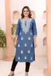 Dreamy Steamy Denim Long Chikankari Embroidered Kurti - DN-A-212