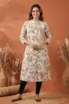 Elegant Cream Cotton A Line Princess Cut Kurta with Leaf Print - PD-104