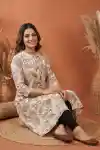 Elegant Cream Cotton A Line Princess Cut Kurta with Leaf Print - PD-104