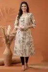 Elegant Cream Cotton A Line Princess Cut Kurta with Nature Leaf Print - PD-105