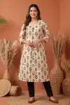 Elegant Cream Cotton A Line Princess Cut Kurta with Ethnic Ikat Print - PD-106