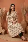 Elegant Cream Cotton A Line Princess Cut Kurta with Ethnic Ikat Print - PD-106