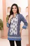 Elegant Blue Womens Tunic with Ban Collar Leaf Print - CP-S-72