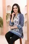 Elegant Blue Womens Tunic with Ban Collar Leaf Print - CP-S-72