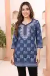 Elegant Blue Womens Tunic with Round Neck Geometric Ethnic Print - CP-S-74