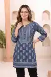 Elegant Indigo Cotton Short Kurti with Round Neck Botanical Block Print - CP-S-75