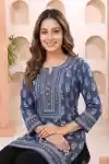 Elegant Indigo Cotton Short Kurti with Round Neck Botanical Block Print - CP-S-75
