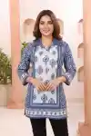 Classic Blue Cotton Short Kurti with Shirt Collar Ethnic Block Print and Thread Work - CP-S-201