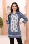 Indigo Paisley Cotton Short Kurti with Thread Work Shirt Collar - CP-S-202