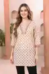 Classic Cream Cotton Short Kurti with V Neck Pattern Traditional Floral Motif Print - NK-72