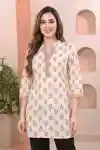 Graceful Beige Cotton Short Kurti with Ban Collar V Neck Pattern - NK-73