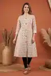 Elegant Ivory Cotton Long Kurti with Ban Collar Princess Cut Geometric Print - PD-108
