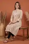Elegant Ivory Cotton Long Kurti with Ban Collar Princess Cut Geometric Print - PD-108
