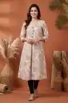 Classic Cream Cotton Long Kurti with V Neck A Line Silhouette Floral Print - PD-109