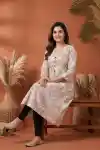 Classic Cream Cotton Long Kurti with V Neck A Line Silhouette Floral Print - PD-109