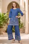 Azure Bloom Denim Kurta Palazzo Set with Artisan Floral Embroidery - DN-C-01