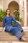 Azure Bloom Denim Kurta Palazzo Set with Artisan Floral Embroidery - DN-C-01