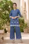 Twilight Indigo Denim Co Ord Set with Scalloped Floral Embroidery - DN-C-02