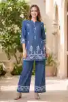 Heritage Blue Denim Kurta Palazzo Set with Botanical Thread Embroidery Border - DN-C-03