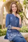 Heritage Blue Denim Kurta Palazzo Set with Botanical Thread Embroidery Border - DN-C-03