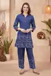 Signature Indigo Denim Two Piece Set with Elegant Floral Thread Work - DN-C-04