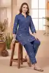 Signature Indigo Denim Two Piece Set with Elegant Floral Thread Work - DN-C-04