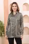 Earthy Olive Designer Shirt Top with Bandhani Geometric Print and Peacock Placement Design - DM-21