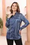 Steel Blue Shirt Style Top with Bandhani Inspired Print and Peacock Art Back - DM-22