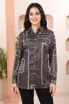 Modern Charcoal Grey Bandhani Print Shirt Style Top with Statement Peacock Back Artwork - DM-23