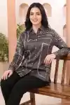 Modern Charcoal Grey Bandhani Print Shirt Style Top with Statement Peacock Back Artwork - DM-23