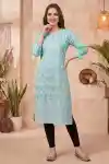Elegant Phirozi Cotton Long Kurti with Intricate Chikankari Embroidery - CK-125-PH
