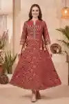 Mystic Wine Cotton Jaipuri Print Anarkali Kurti with Embroidered Yoke Lace Details and Tassels - DK-1056