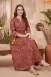 Mystic Wine Cotton Jaipuri Print Anarkali Kurti with Embroidered Yoke Lace Details and Tassels - DK-1056