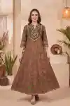Earthy Olive Cotton Anarkali Kurti with Jaipuri Floral Print Designer Yoke and Decorative Tassels - DK-1057