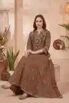 Earthy Olive Cotton Anarkali Kurti with Jaipuri Floral Print Designer Yoke and Decorative Tassels - DK-1057
