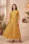 Elegant Mustard Yellow Jaipuri Cotton Long Anarkali Kurti with Embroidered Yoke - DK-1059