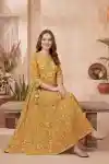 Elegant Mustard Yellow Jaipuri Cotton Long Anarkali Kurti with Embroidered Yoke - DK-1059