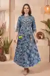 Elegant Blue Floral Print Anarkali Kurti with Designer Yoke - DK-1061