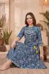 Elegant Blue Floral Print Anarkali Kurti with Designer Yoke - DK-1061